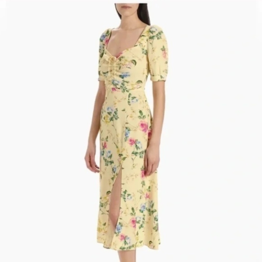 Favorite Daughter Vineyard Yellow Floral Puff Sleeve Midi Dress 10
